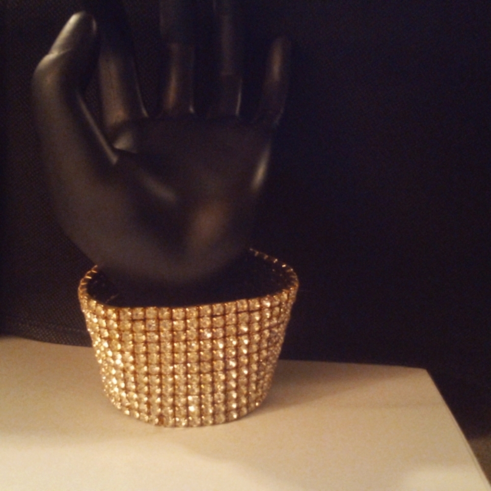 🥇3/$25 Gold-tone Simulated Rhinestones Cuff Bracelet Elastic